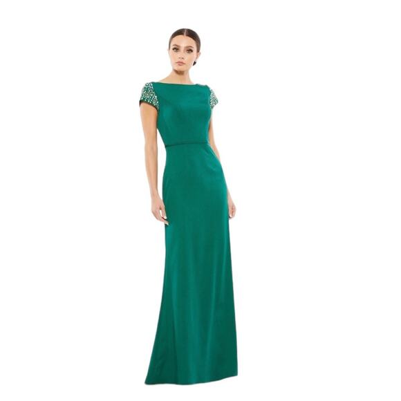 NWT MAC DUGGAL Emerald Jeweled Cap Sleeve A-Line Gown Women’s - Picture 1 of 12